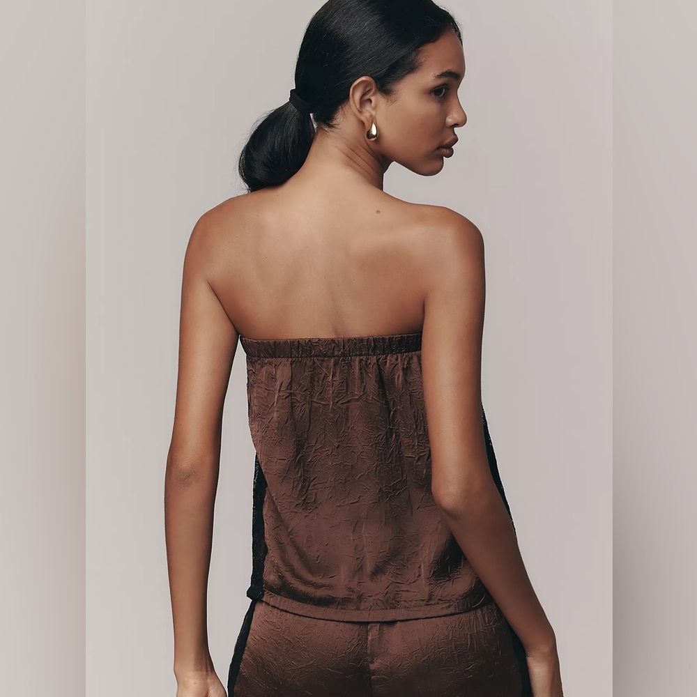 Anthropologie Chocolate Satin Strapless Top with Lace Detail - Picture 4 of 5